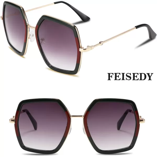 FEISEDY Women Large Hexagon Inspired Sunglasses Fashion Irregular Design Style Geometric B2503Greenred