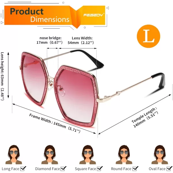 FEISEDY Women Large Hexagon Inspired Sunglasses Fashion Irregular Design Style Geometric B2503Shiny Red
