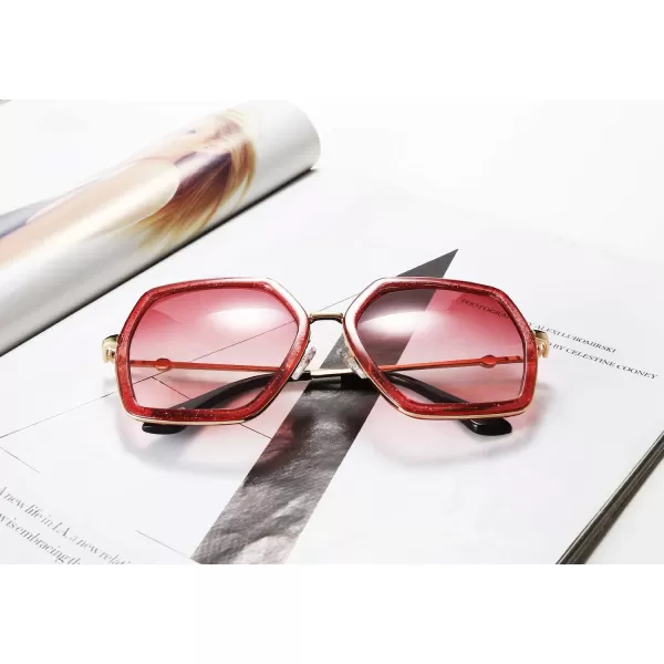 FEISEDY Women Large Hexagon Inspired Sunglasses Fashion Irregular Design Style Geometric B2503Shiny Red