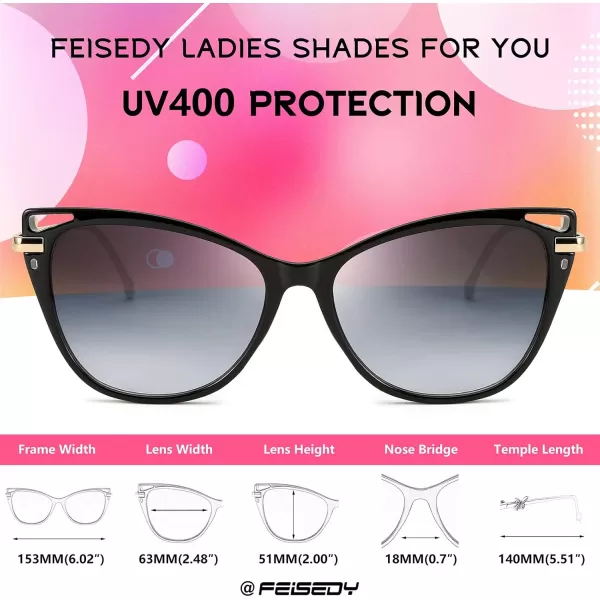 FEISEDY Women Trendy Oversized Cat Eye Sunglasses Metal Temple with Butterfly Decoration Gradient Lens Sunglasses B2314Black Frame  Grey Gradient Lens