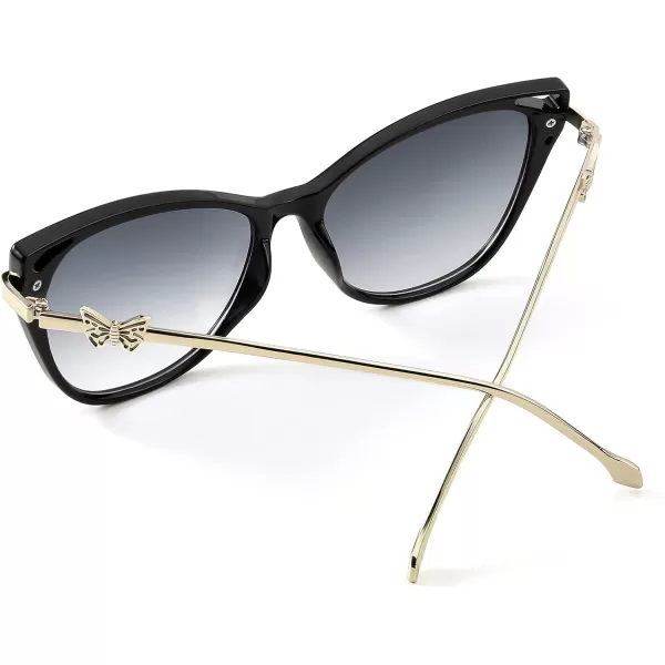 FEISEDY Women Trendy Oversized Cat Eye Sunglasses Metal Temple with Butterfly Decoration Gradient Lens Sunglasses B2314Black Frame  Grey Gradient Lens