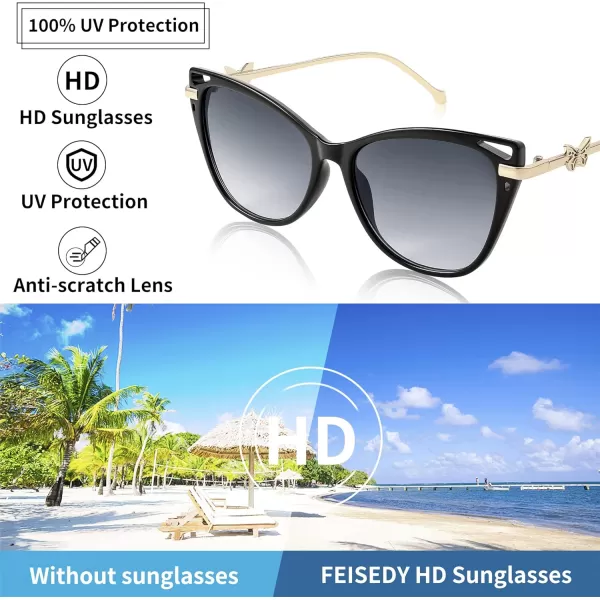 FEISEDY Women Trendy Oversized Cat Eye Sunglasses Metal Temple with Butterfly Decoration Gradient Lens Sunglasses B2314Black Frame  Grey Gradient Lens