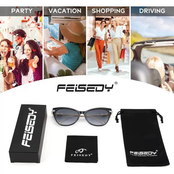 FEISEDY Women Trendy Oversized Cat Eye Sunglasses Metal Temple with Butterfly Decoration Gradient Lens Sunglasses B2314Black Frame  Grey Gradient Lens
