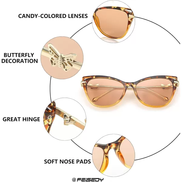 FEISEDY Women Trendy Oversized Cat Eye Sunglasses Metal Temple with Butterfly Decoration Gradient Lens Sunglasses B2314Brown Leopard Frame  Champagne Lens