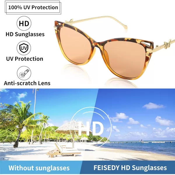 FEISEDY Women Trendy Oversized Cat Eye Sunglasses Metal Temple with Butterfly Decoration Gradient Lens Sunglasses B2314Brown Leopard Frame  Champagne Lens