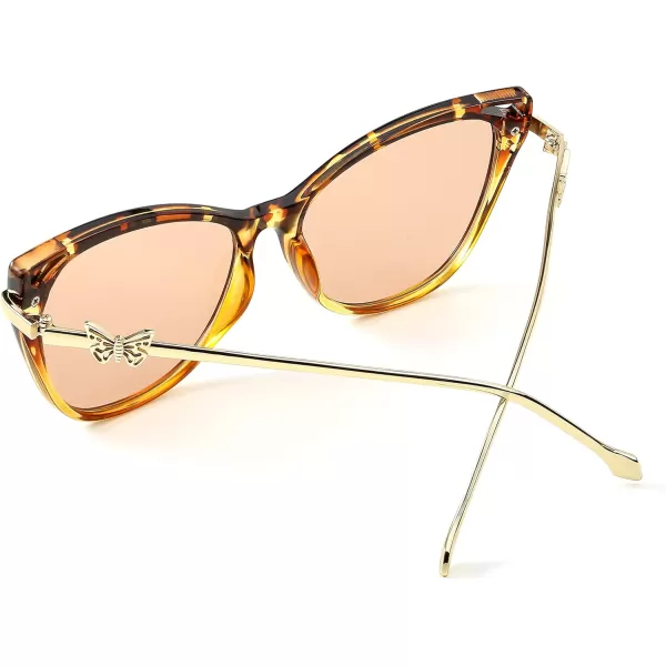 FEISEDY Women Trendy Oversized Cat Eye Sunglasses Metal Temple with Butterfly Decoration Gradient Lens Sunglasses B2314Brown Leopard Frame  Champagne Lens
