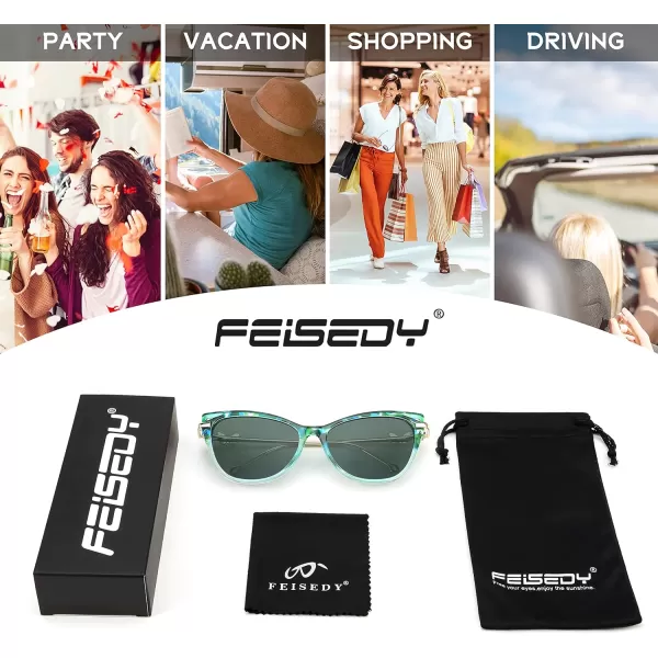FEISEDY Women Trendy Oversized Cat Eye Sunglasses Metal Temple with Butterfly Decoration Gradient Lens Sunglasses B2314Green Floral Frame  Grey Lens