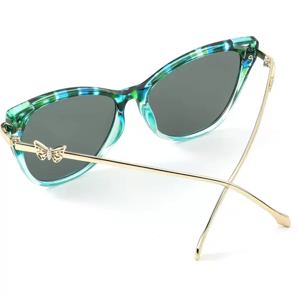 FEISEDY Women Trendy Oversized Cat Eye Sunglasses Metal Temple with Butterfly Decoration Gradient Lens Sunglasses B2314Green Floral Frame  Grey Lens