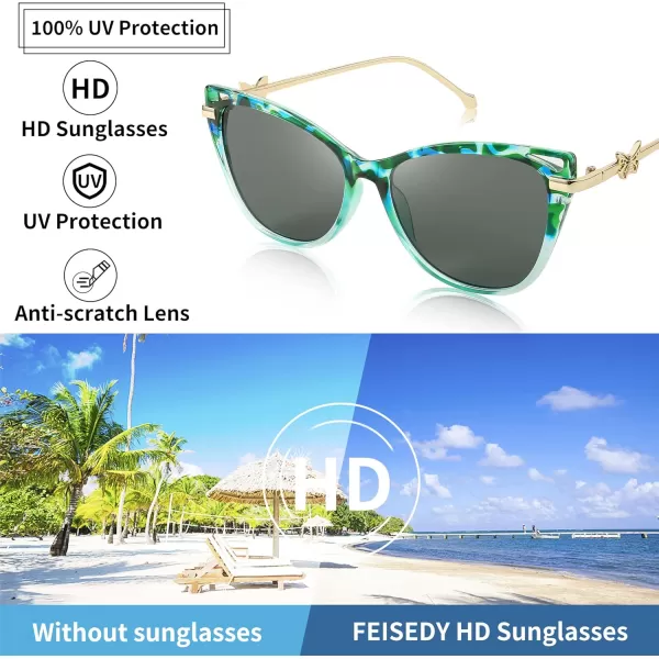 FEISEDY Women Trendy Oversized Cat Eye Sunglasses Metal Temple with Butterfly Decoration Gradient Lens Sunglasses B2314Green Floral Frame  Grey Lens