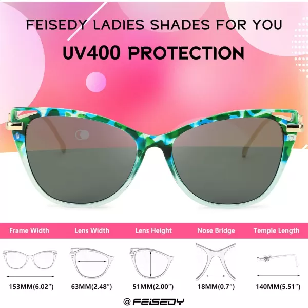FEISEDY Women Trendy Oversized Cat Eye Sunglasses Metal Temple with Butterfly Decoration Gradient Lens Sunglasses B2314Green Floral Frame  Grey Lens