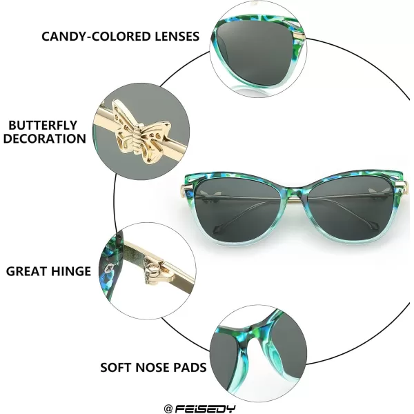 FEISEDY Women Trendy Oversized Cat Eye Sunglasses Metal Temple with Butterfly Decoration Gradient Lens Sunglasses B2314Green Floral Frame  Grey Lens