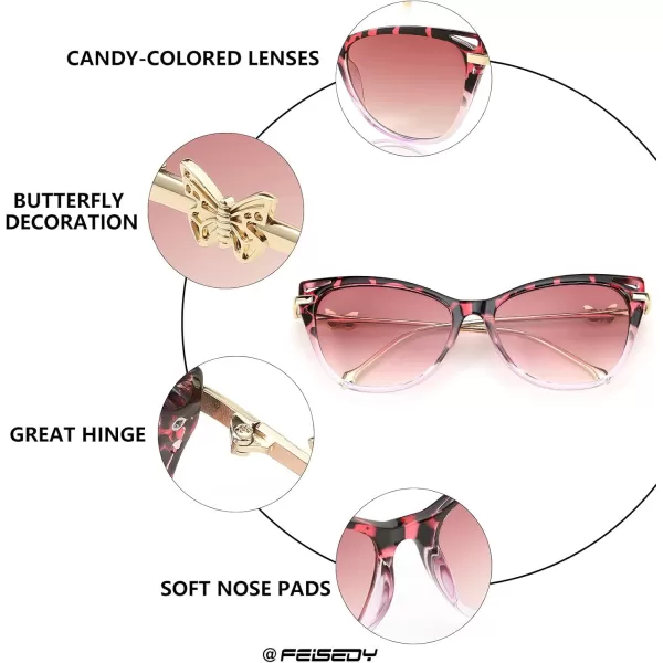 FEISEDY Women Trendy Oversized Cat Eye Sunglasses Metal Temple with Butterfly Decoration Gradient Lens Sunglasses B2314Pink Leopard Frame  Gradient Lens