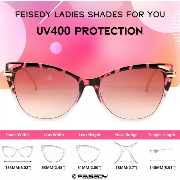 FEISEDY Women Trendy Oversized Cat Eye Sunglasses Metal Temple with Butterfly Decoration Gradient Lens Sunglasses B2314Pink Leopard Frame  Gradient Lens