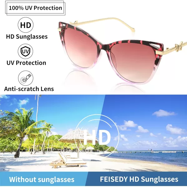 FEISEDY Women Trendy Oversized Cat Eye Sunglasses Metal Temple with Butterfly Decoration Gradient Lens Sunglasses B2314Pink Leopard Frame  Gradient Lens