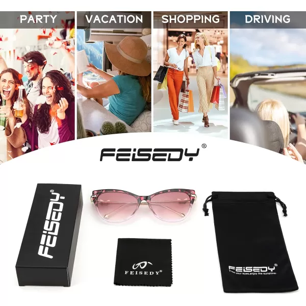 FEISEDY Women Trendy Oversized Cat Eye Sunglasses Metal Temple with Butterfly Decoration Gradient Lens Sunglasses B2314Pink Leopard Frame  Gradient Lens
