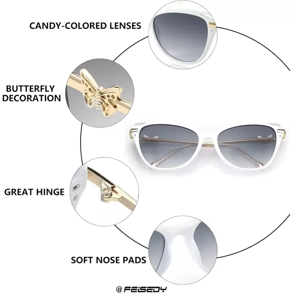 FEISEDY Women Trendy Oversized Cat Eye Sunglasses Metal Temple with Butterfly Decoration Gradient Lens Sunglasses B2314White Frame  Gradient Lens