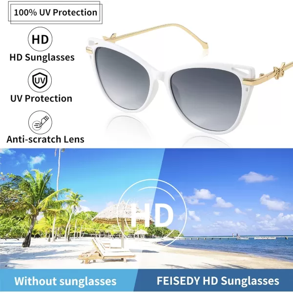 FEISEDY Women Trendy Oversized Cat Eye Sunglasses Metal Temple with Butterfly Decoration Gradient Lens Sunglasses B2314White Frame  Gradient Lens