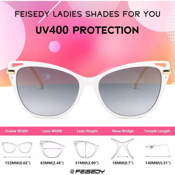 FEISEDY Women Trendy Oversized Cat Eye Sunglasses Metal Temple with Butterfly Decoration Gradient Lens Sunglasses B2314White Frame  Gradient Lens