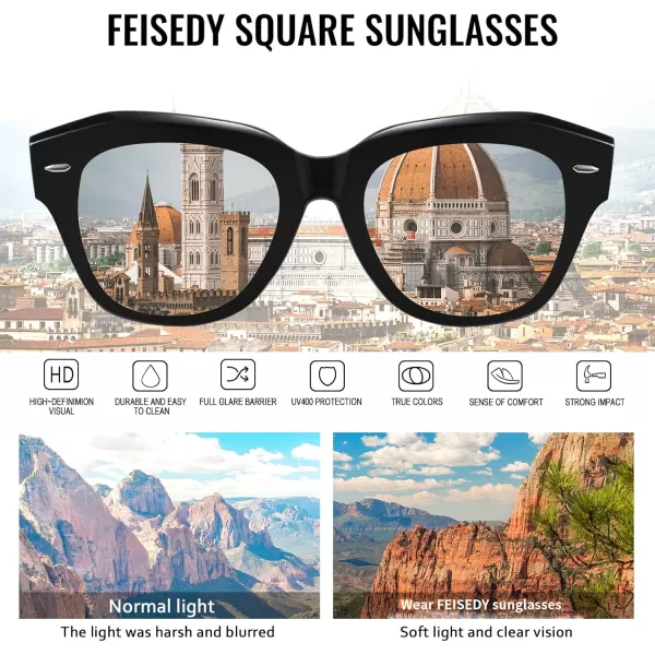FEISEDY Womens Square Vintage Sunglasses Classic Cateye Retro Style Sun Glasses UV400 B2861Black Frame  Grey Lens