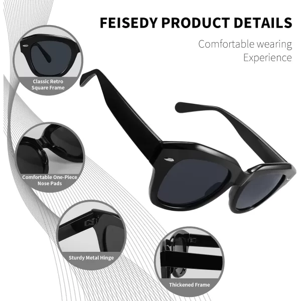 FEISEDY Womens Square Vintage Sunglasses Classic Cateye Retro Style Sun Glasses UV400 B2861Black Frame  Grey Lens