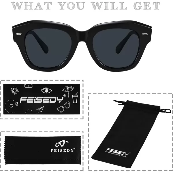 FEISEDY Womens Square Vintage Sunglasses Classic Cateye Retro Style Sun Glasses UV400 B2861Black Frame  Grey Lens
