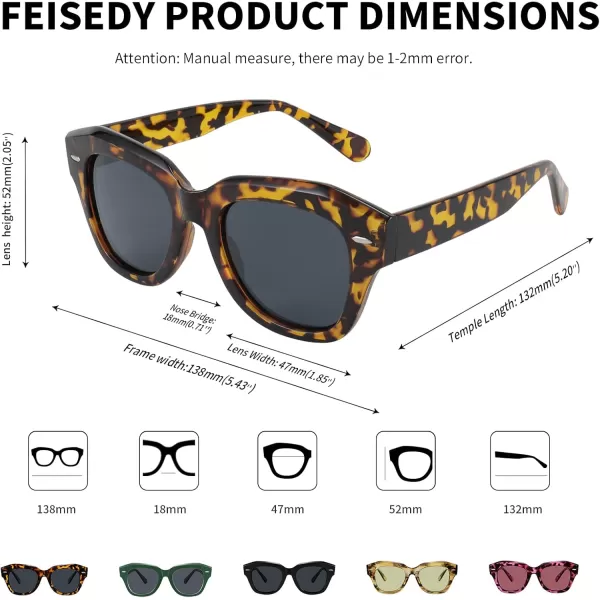 FEISEDY Womens Square Vintage Sunglasses Classic Cateye Retro Style Sun Glasses UV400 B2861Leopard Frame  Grey Lens