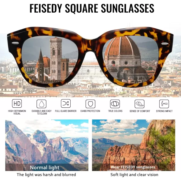 FEISEDY Womens Square Vintage Sunglasses Classic Cateye Retro Style Sun Glasses UV400 B2861Leopard Frame  Grey Lens