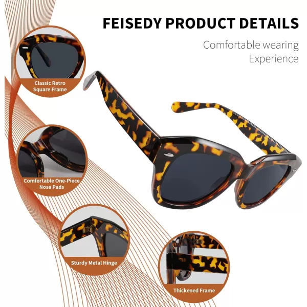FEISEDY Womens Square Vintage Sunglasses Classic Cateye Retro Style Sun Glasses UV400 B2861Leopard Frame  Grey Lens