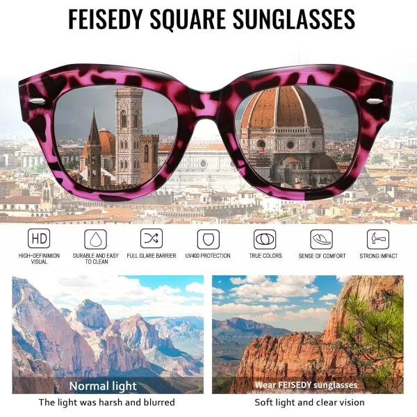 FEISEDY Womens Square Vintage Sunglasses Classic Cateye Retro Style Sun Glasses UV400 B2861Pink Leopard Frame  Pink Lens
