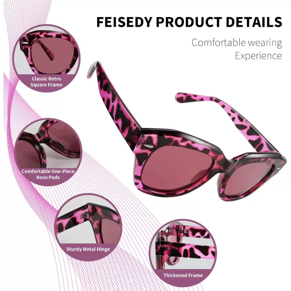 FEISEDY Womens Square Vintage Sunglasses Classic Cateye Retro Style Sun Glasses UV400 B2861Pink Leopard Frame  Pink Lens