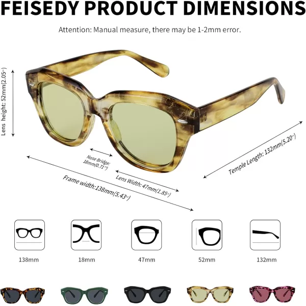 FEISEDY Womens Square Vintage Sunglasses Classic Cateye Retro Style Sun Glasses UV400 B2861Yellow Leopard Frame  Light Yellow Lens