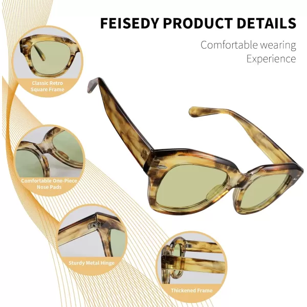 FEISEDY Womens Square Vintage Sunglasses Classic Cateye Retro Style Sun Glasses UV400 B2861Yellow Leopard Frame  Light Yellow Lens