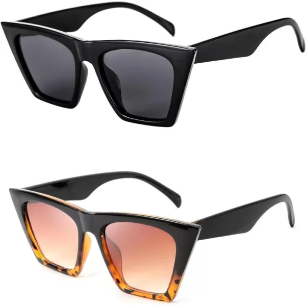 FEISEDY 2 PACK Vintage Square Cat Eye Sunglasses Women Trendy Cateye Sunglasses B2473F2Black  Blackleopard