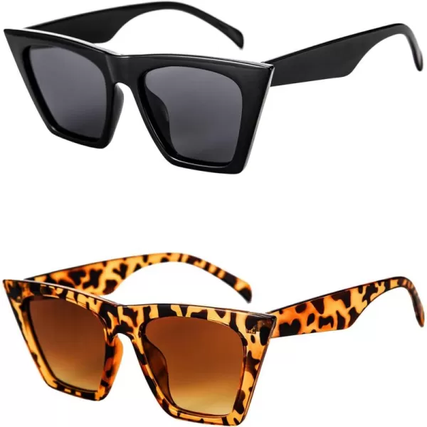 FEISEDY 2 PACK Vintage Square Cat Eye Sunglasses Women Trendy Cateye Sunglasses B2473F2Black  Leopard