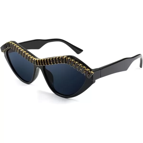 FEISEDY Fashion Cat Eye Diamond Sunglasses Women Retro Vintage Cateye Plastic Frame B2302001 Black FrameGray Lens