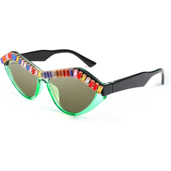 FEISEDY Fashion Cat Eye Diamond Sunglasses Women Retro Vintage Cateye Plastic Frame B2302002 Green Transparent FrameLight Tea Lens