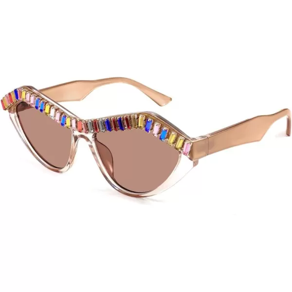 FEISEDY Fashion Cat Eye Diamond Sunglasses Women Retro Vintage Cateye Plastic Frame B2302004 Champagne FrameTea Lens