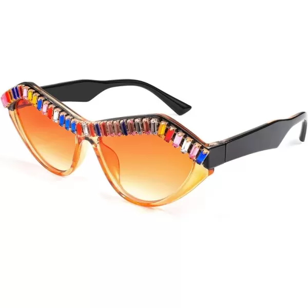 FEISEDY Fashion Cat Eye Diamond Sunglasses Women Retro Vintage Cateye Plastic Frame B2302005 Tea FrameOrange Lens