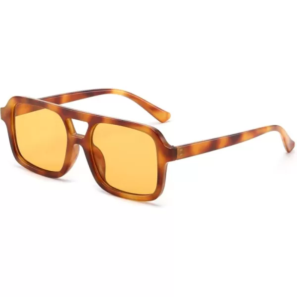 FEISEDY Retro 70s Aviator Sunglasses for Women Men Trendy Flat Square Frame UV400 Sunglasses B0174001 Light Leopard  Yellow
