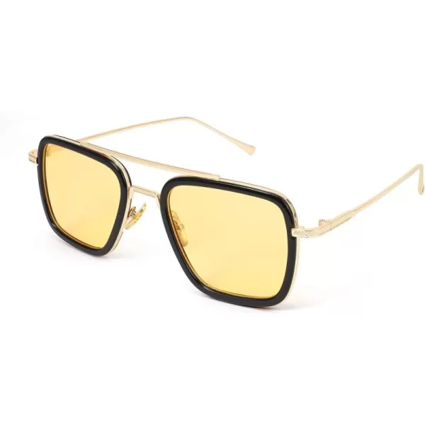 FEISEDY Retro 70s Pilot Sunglasses Tony Sunglasses Trendy Women Square Sun Glasses B2510Black Frame Yellow Lens