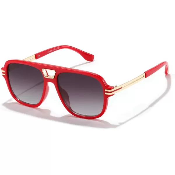 FEISEDY Retro Aviator Sunglasses for Women Men Vintage Trendy Oversized Square Shades UV400 B0106Red Frame  Gradual Grey Lens