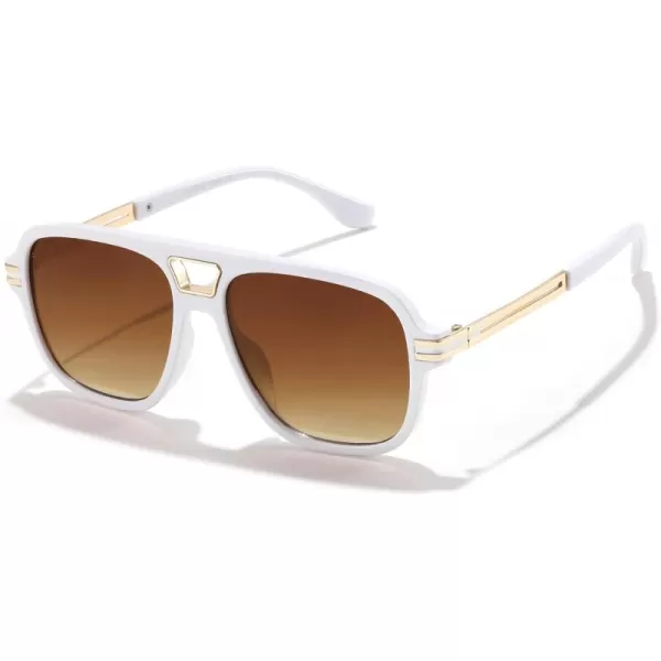 FEISEDY Retro Aviator Sunglasses for Women Men Vintage Trendy Oversized Square Shades UV400 B0106White Frame  Gradual Tea Lens