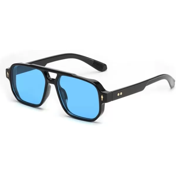 FEISEDY Retro Square Aviator Sunglasses Women Men 70s Small Vintage Rectangle UV400 Sun Glasses B9120Black FrameBlue Lens