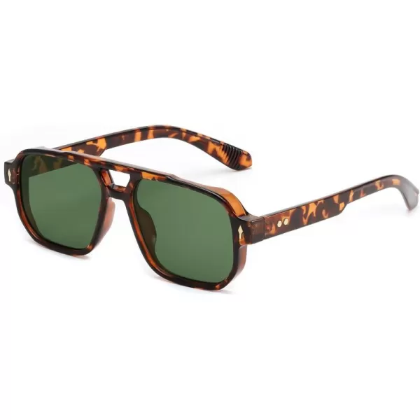 FEISEDY Retro Square Aviator Sunglasses Women Men 70s Small Vintage Rectangle UV400 Sun Glasses B9120Leopard TempleGreen Lens
