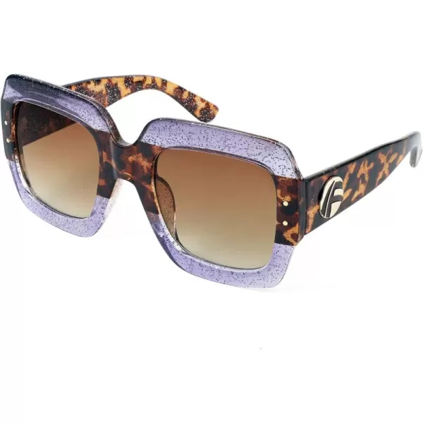 FEISEDY Retro Trendy Square Sunglasses for Women Oversized Stylish Inspired Shades Vintage Desinger Sunglasses B2276007 Glitter Purpleleopard FrameBrwon Lens