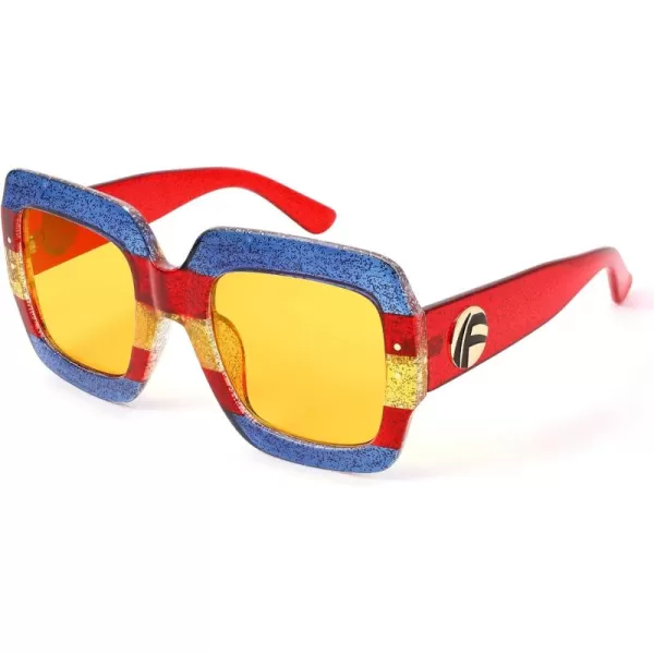 FEISEDY Retro Trendy Square Sunglasses for Women Oversized Stylish Inspired Shades Vintage Desinger Sunglasses B2276008 Brilliant Blue FrameYellow Lens