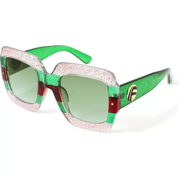 FEISEDY Retro Trendy Square Sunglasses for Women Oversized Stylish Inspired Shades Vintage Desinger Sunglasses B2276009 Bright Pink FrameGreen Lens