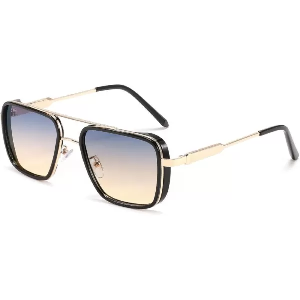 FEISEDY Sunglasses Men Women Vintage Aviator Square Trendy Metal Steampunk Fishing Driving Sun Glasses B0114Blue Yellow Lenses With Gold Temples 004