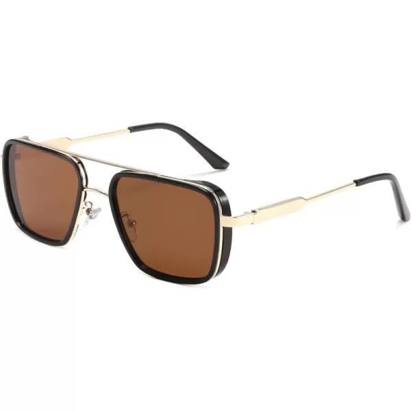 FEISEDY Sunglasses Men Women Vintage Aviator Square Trendy Metal Steampunk Fishing Driving Sun Glasses B0114Ea Lenses With Gold Temples 002