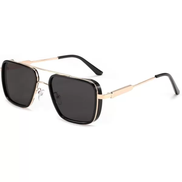 FEISEDY Sunglasses Men Women Vintage Aviator Square Trendy Metal Steampunk Fishing Driving Sun Glasses B0114Gray Lenses With Gold Temples 001